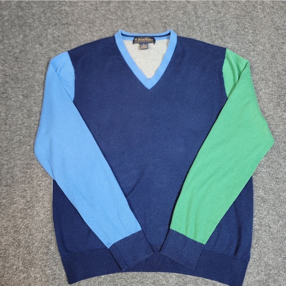 Brooks Brothers Supima Cotton Cashmere Sweater Color Block V-Neck Blue Green LB